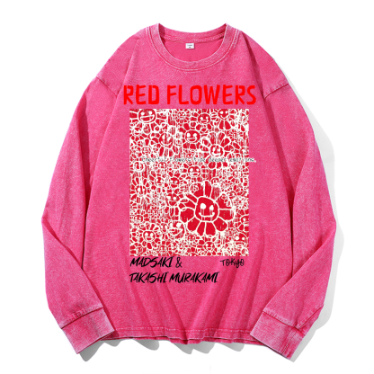 Madsaki Red Flowers TM Vintage Cotton Wash Crewneck Sweatshirt