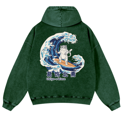 Katsushika Hokusai Ukiyoe Wave Cat Vintage Washed Cotton Back Art Hoodie
