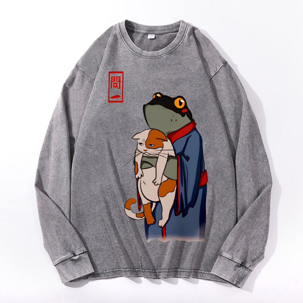 Matsumoto Hoji Cat Frog Vintage Cotton Wash Crewneck Sweatshirt