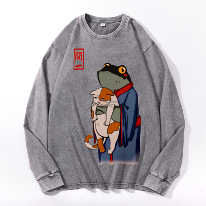 Matsumoto Hoji Cat Frog Vintage Cotton Wash Crewneck Sweatshirt
