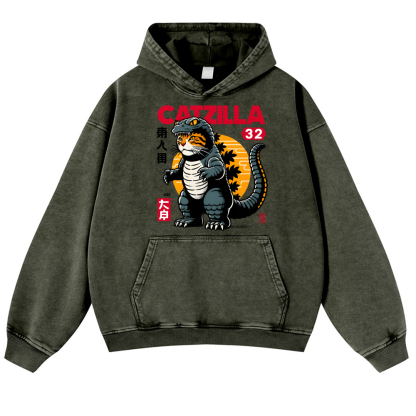 Catzilla Kaiju Vintage Washed Thick Cotton Hoodie