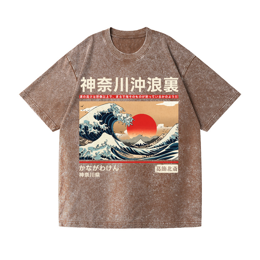 Kanagawa Katsushika Hokusai Ukiyoe Great Wave Vintage Wash Japanese Design T-Shirt