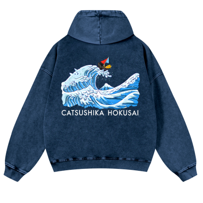 Katsushika Hokusai Cat Wave Vintage Washed Cotton Back Art Hoodie