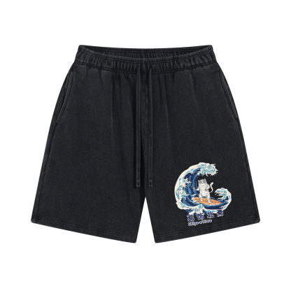 Katsushika Hokusai Wave Cat Vintage Washed Cotton Shorts
