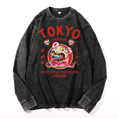TM Sunflower Octopus Tokyo Japan Vintage Cotton Wash Long-sleeve T-shirt