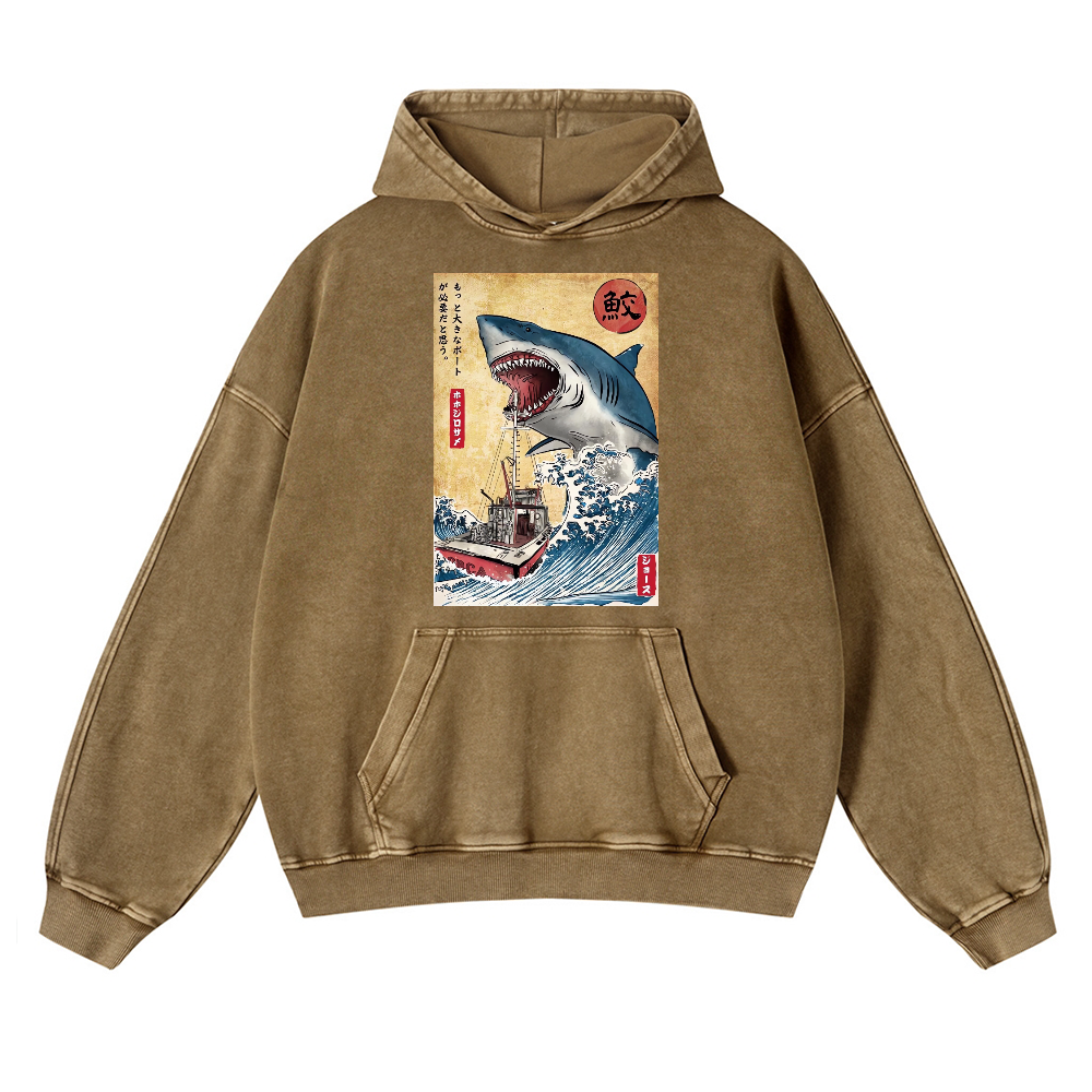 Jaws Ukiyoe Vintage Washed Thick Cotton Hoodie