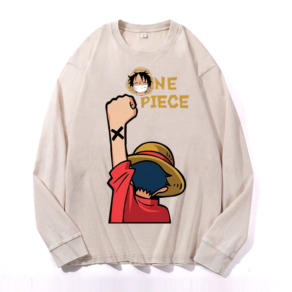 OP Luffy Vintage Cotton Wash Crewneck Sweatshirt
