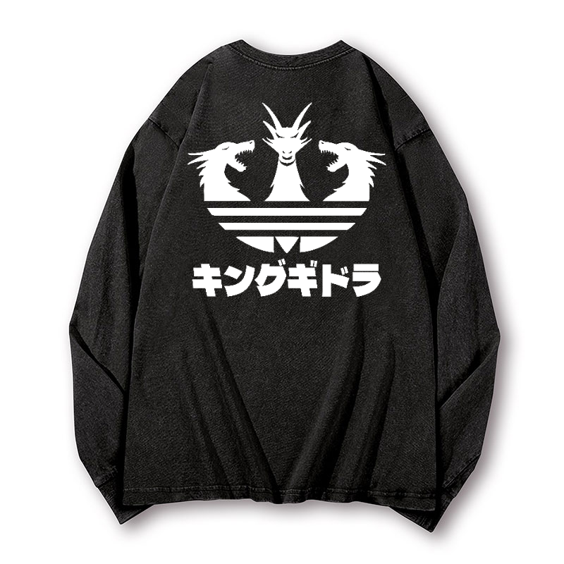King Ghidorah Kaiju Vintage Washed Cotton Back Art Long-sleeve T-shirt