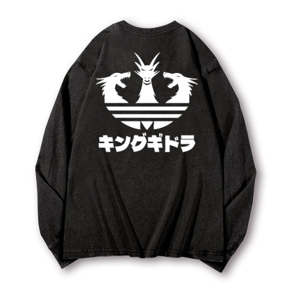 King Ghidorah Kaiju Vintage Washed Cotton Back Art Long-sleeve T-shirt