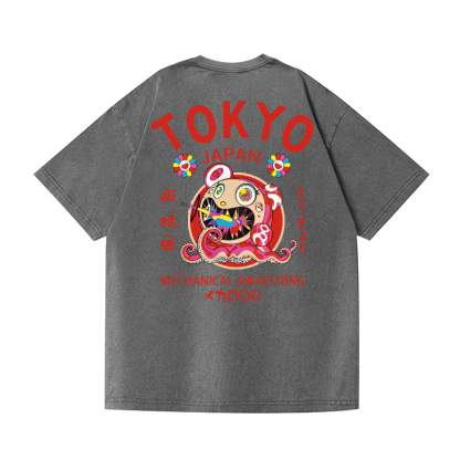 TM Sunflower Octopus Tokyo Japan Vintage Wash Japanese Design Back Art T-Shirt