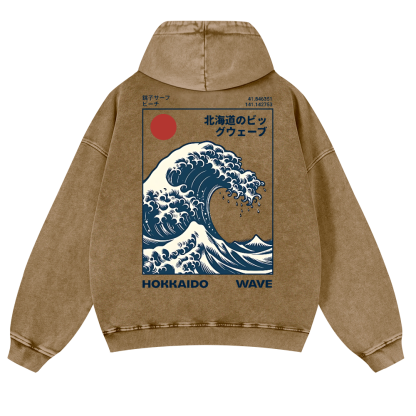 Katsushika Hokusai Hokkaido Wave Ukiyoe Vintage Washed Cotton Back Art Hoodie