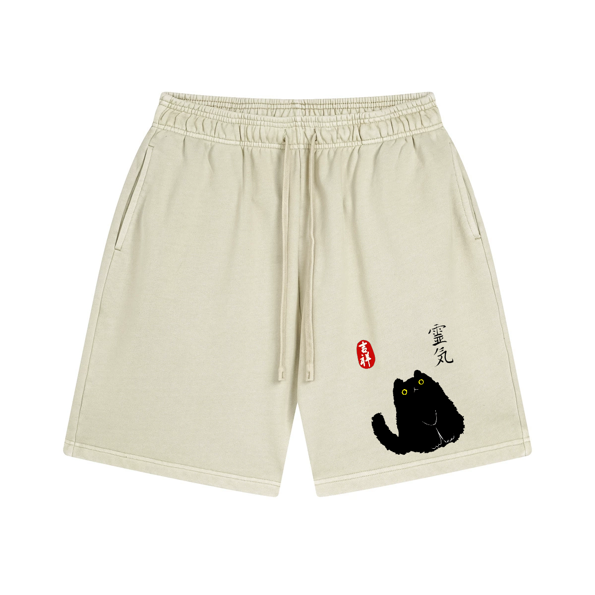 Lucky Cat Black Cat Art Vintage Washed Cotton Shorts