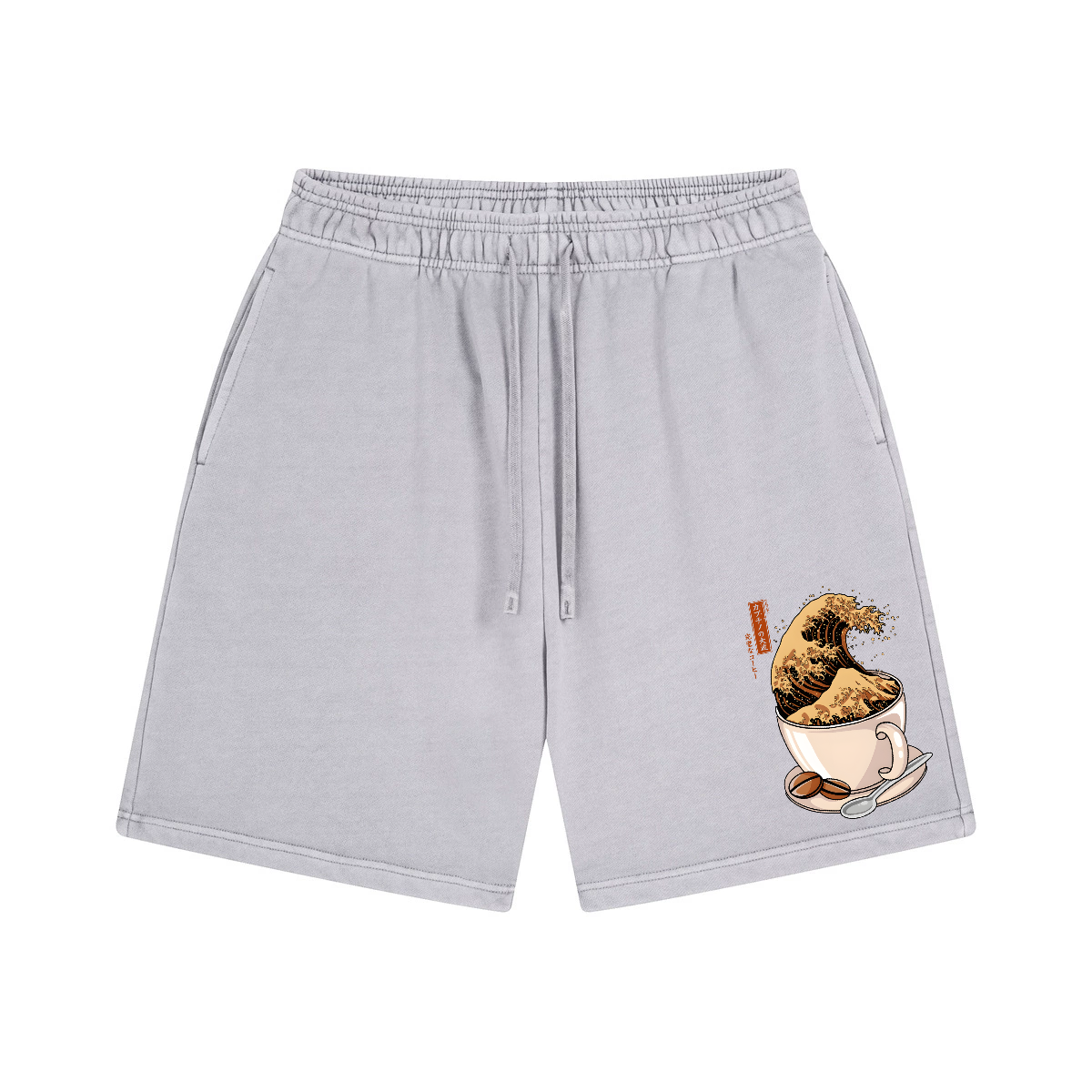 Katsushika Hokusai Coffee Surfing Wave Vintage Washed Cotton Shorts