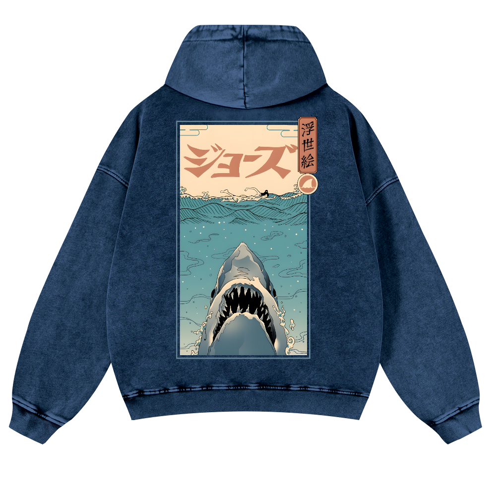 Jaws Ukiyoe Vintage Washed Cotton Back Art Hoodie