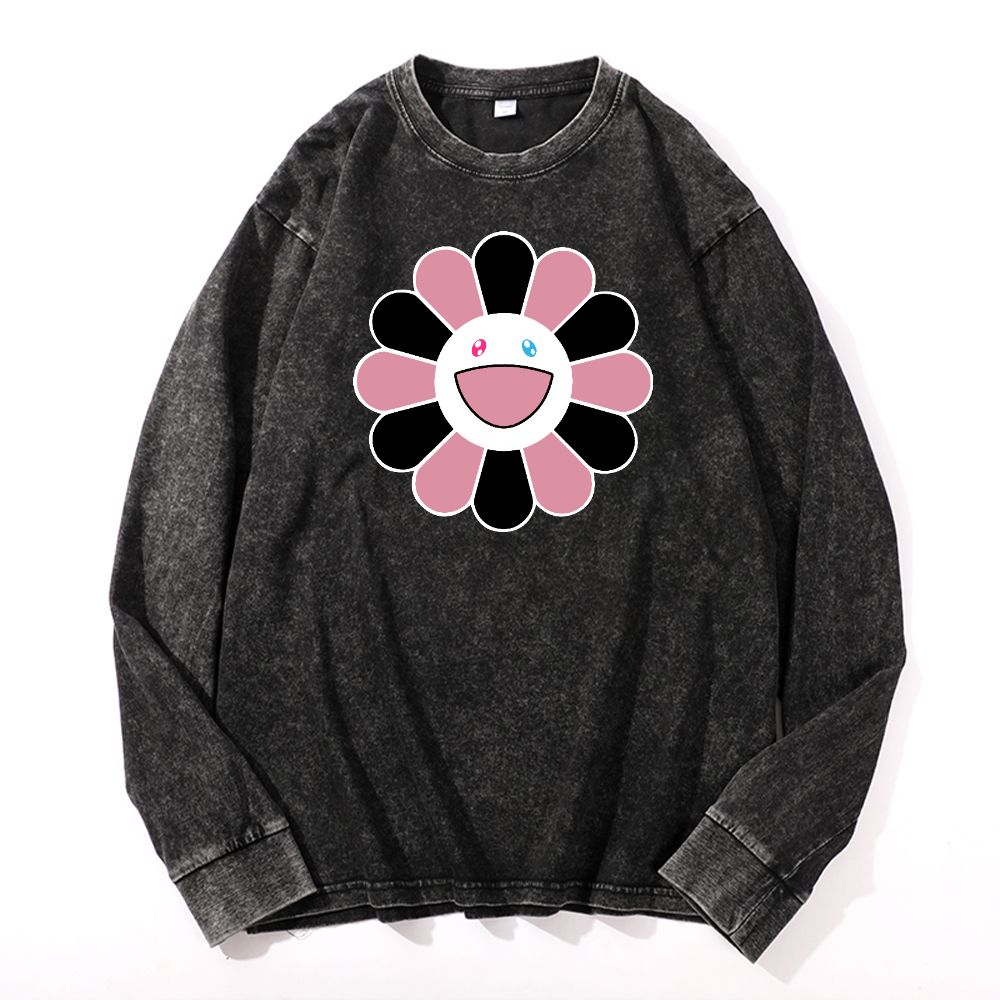 Takashi Murakami Black Pink Sunflowers Vintage Cotton Wash Long-sleeve T-shirt