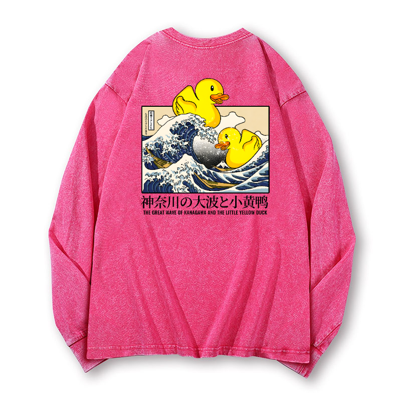 Great Wave Kanagawa Katsushika Hokusai Duck Vintage Washed Cotton Back Art Long-sleeve T-shirt