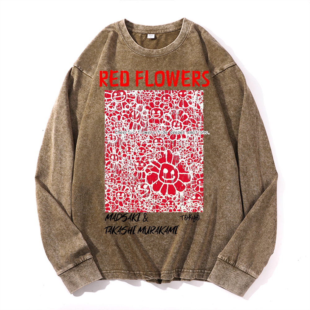 Madsaki Red Flowers TM Vintage Cotton Wash Crewneck Sweatshirt