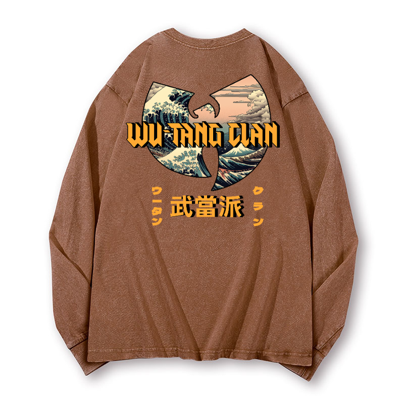 Wu Tang Clan Ukiyoe Wave Vintage Washed Cotton Back Art Long-sleeve T-shirt