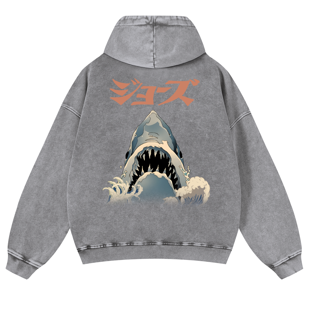 Jaws Ukiyoe Vintage Washed Cotton Back Art Hoodie