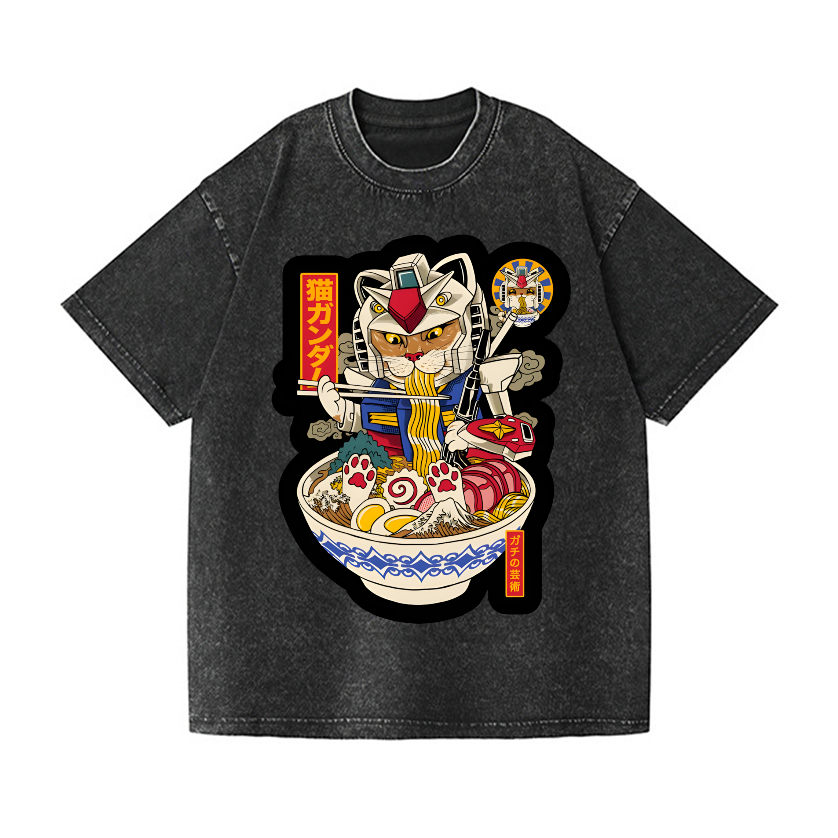 Gundam Cat Ramen Vintage Wash Japanese Design T-Shirt
