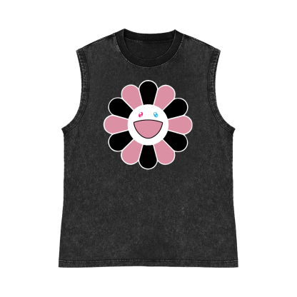 Black Pink Sunflowers TM Pure Cotton Wash-Dyed Sleeveless Tank Top