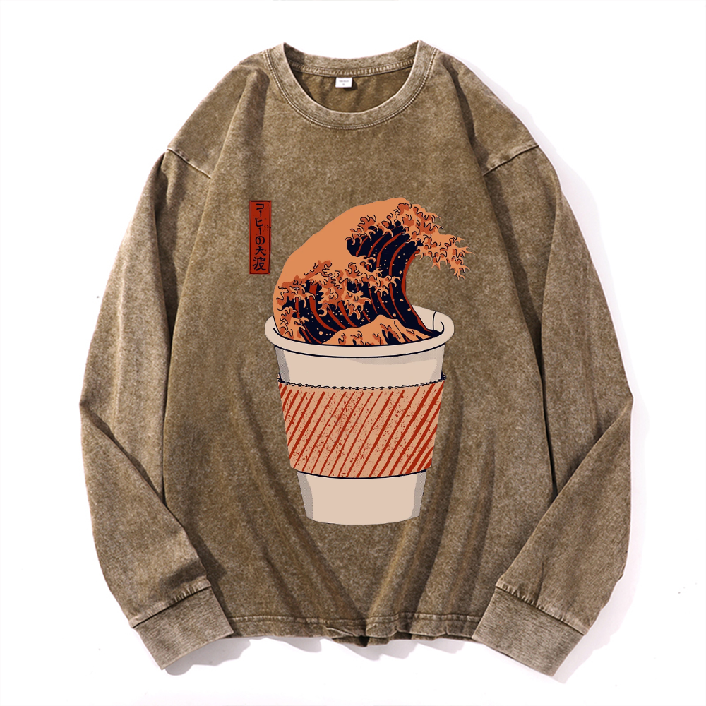 Coffee Katsushika Hokusai Vintage Cotton Wash Crewneck Sweatshirt