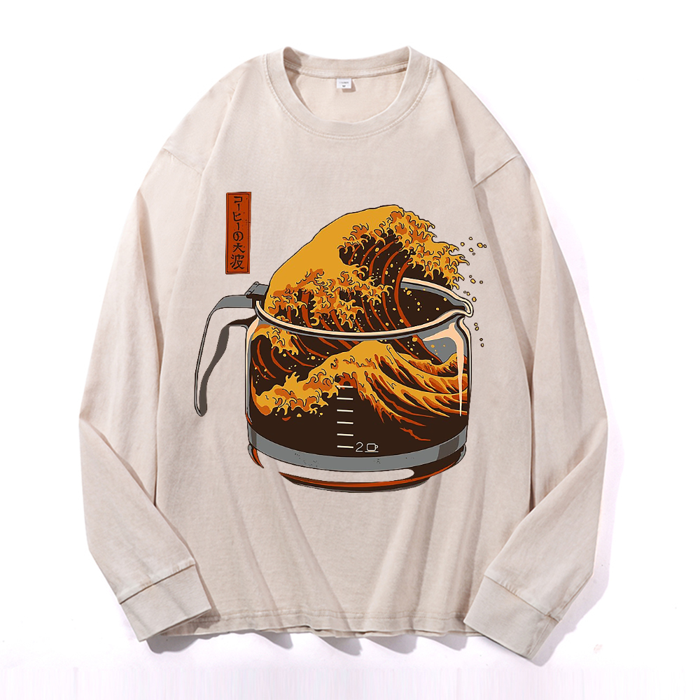 Coffee Katsushika Hokusai Vintage Cotton Wash Crewneck Sweatshirt