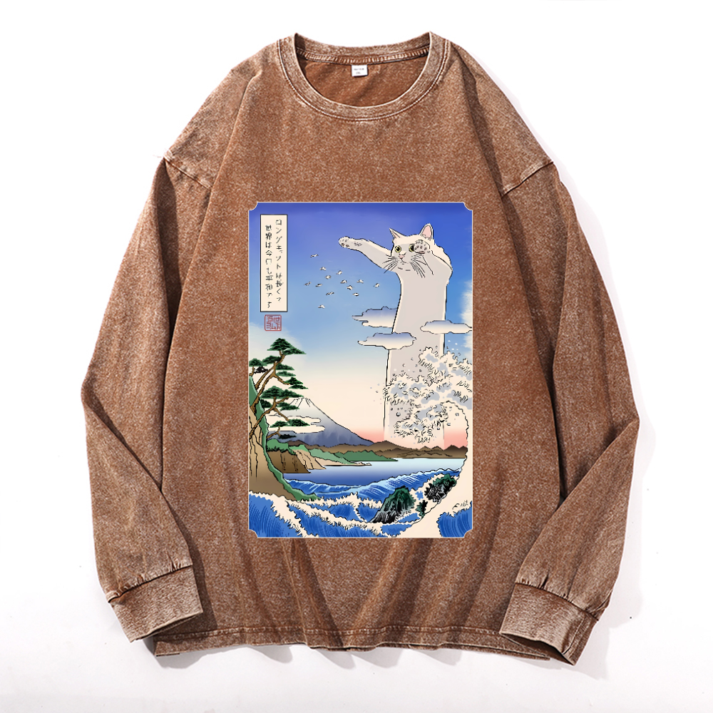 Longcat Art Vintage Cotton Wash Crewneck Sweatshirt