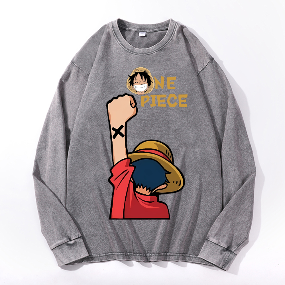 OP Luffy Vintage Cotton Wash Crewneck Sweatshirt