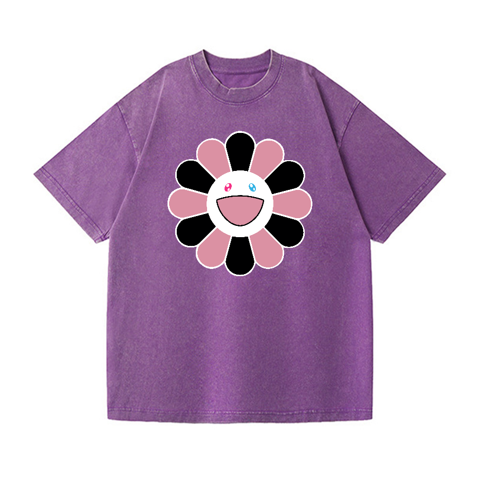 Black Pink Sunflowers TM Vintage Wash Japanese Design T-Shirt