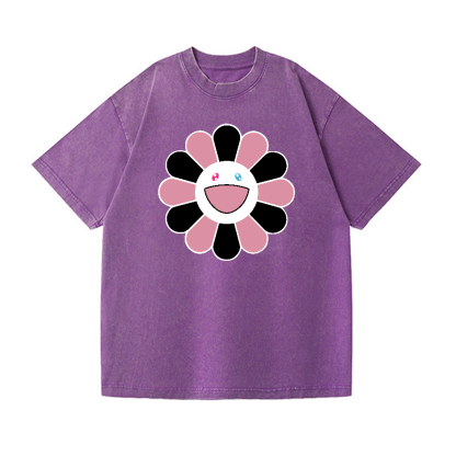 Black Pink Sunflowers TM Vintage Wash Japanese Design T-Shirt