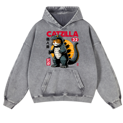 Catzilla Kaiju Vintage Washed Thick Cotton Hoodie