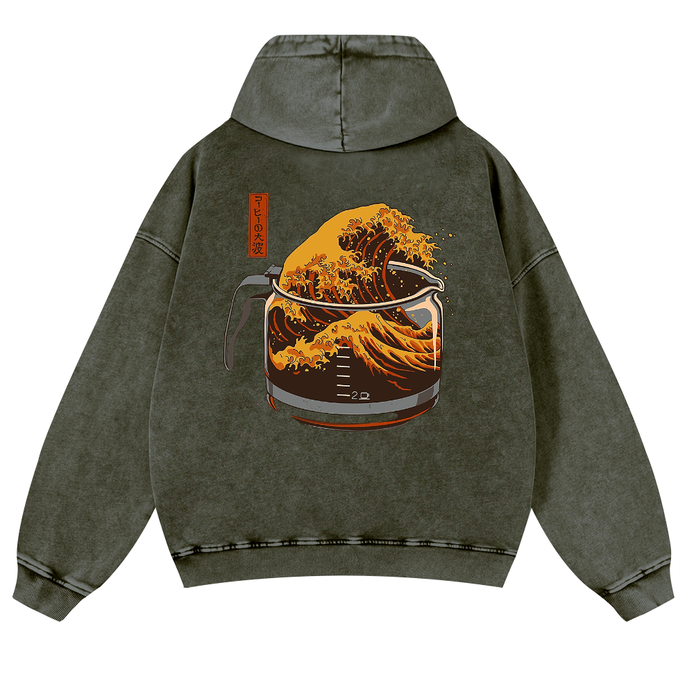 Katsushika Hokusai Coffee Wave Ukiyoe Vintage Washed Cotton Back Art Hoodie