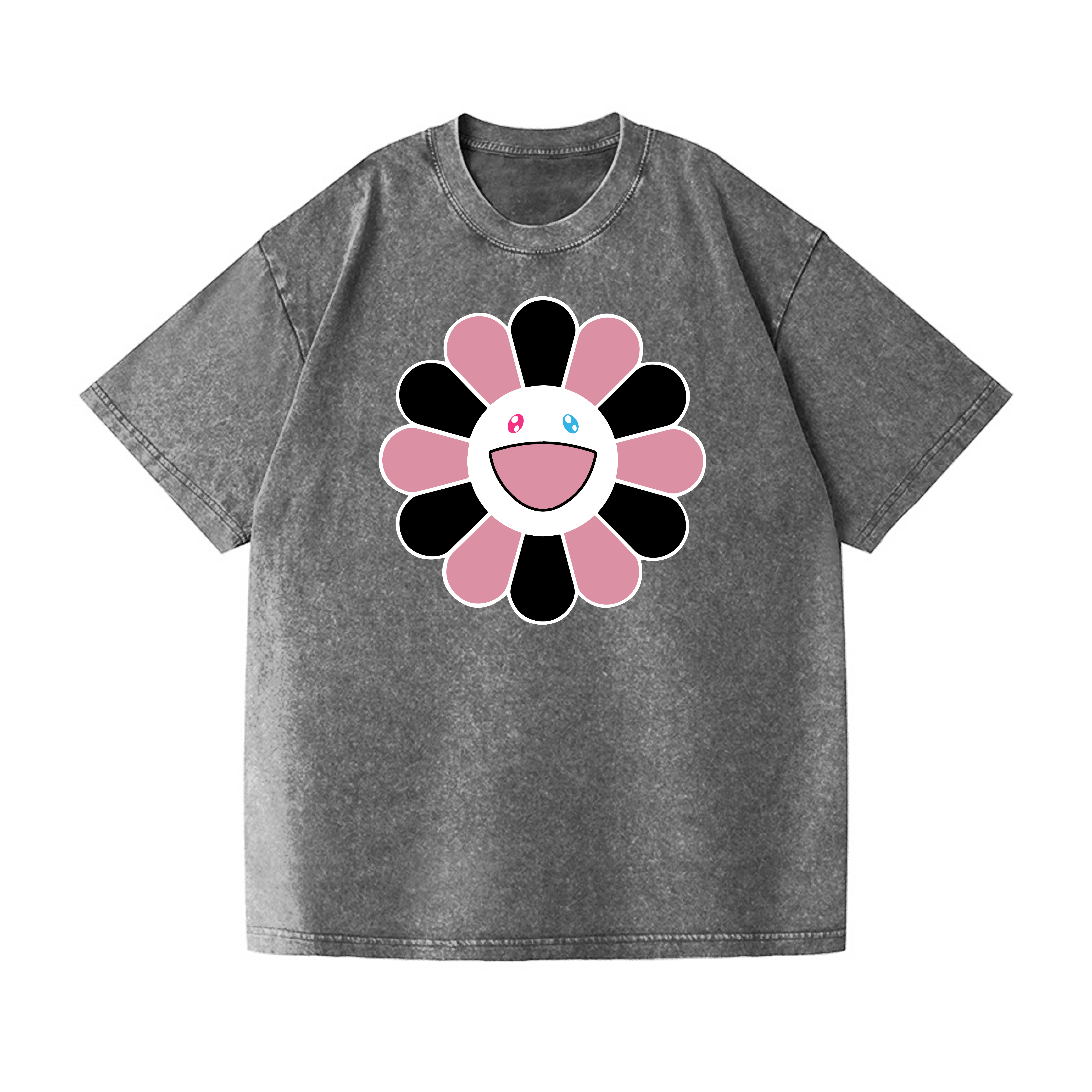 Black Pink Sunflowers TM Vintage Wash Japanese Design T-Shirt