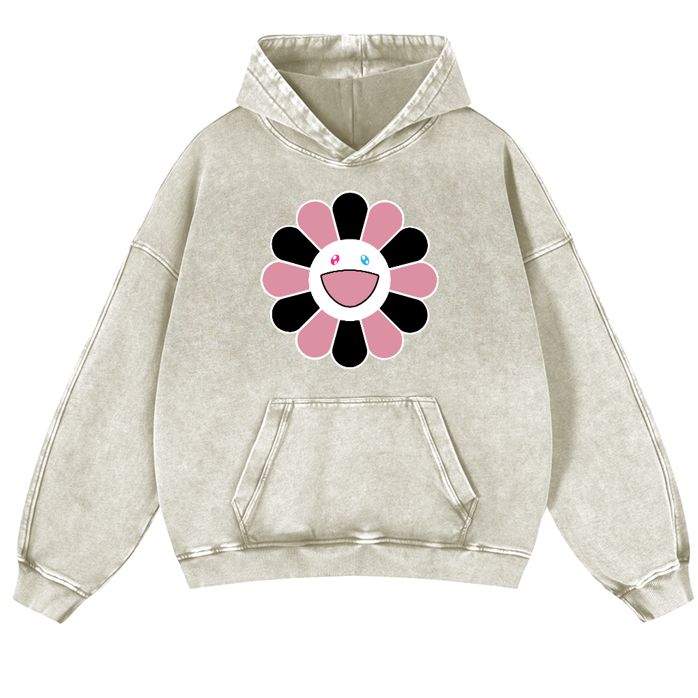 Black Pink Sunflowers TM Vintage Washed Thick Cotton Hoodie