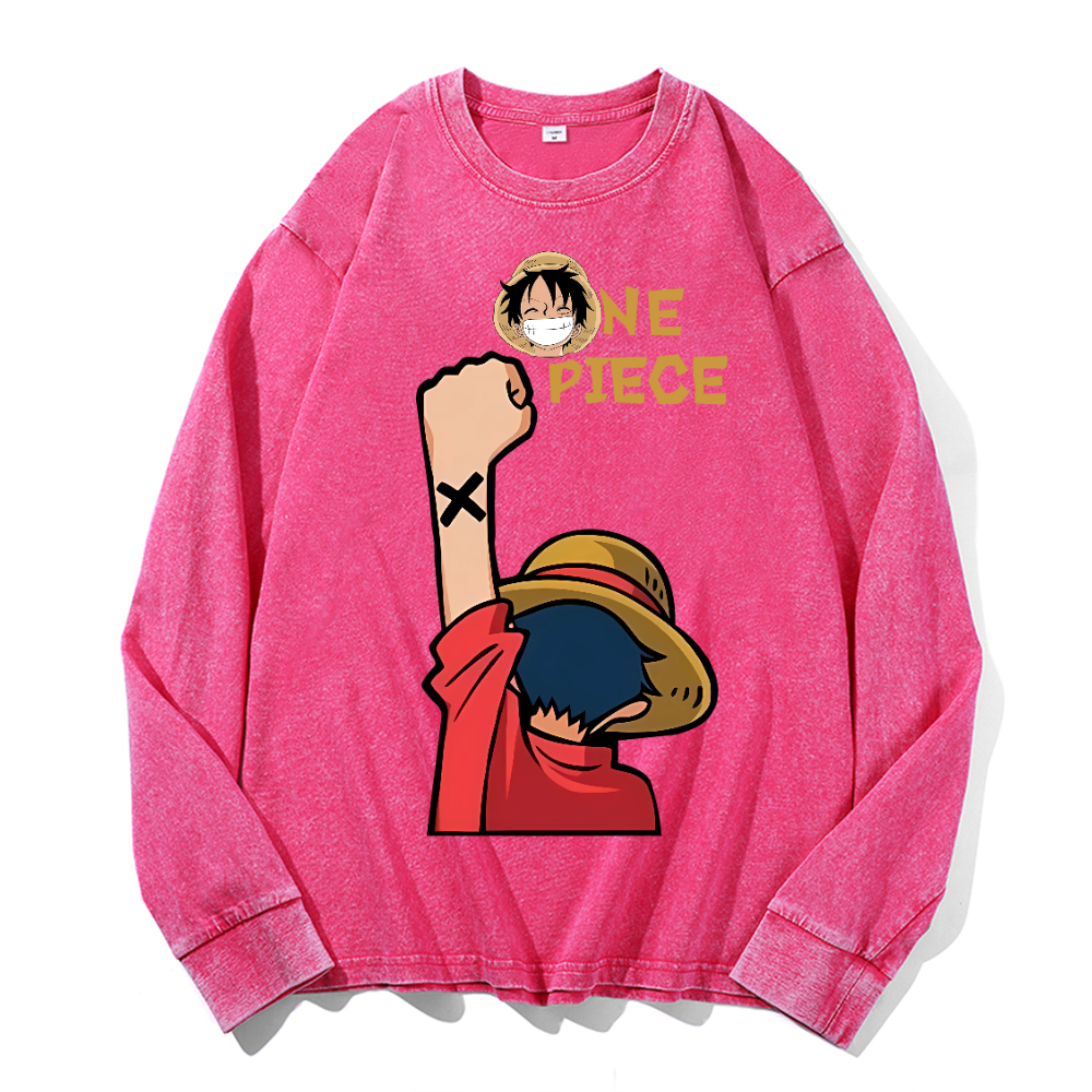 OP Luffy Vintage Cotton Wash Crewneck Sweatshirt