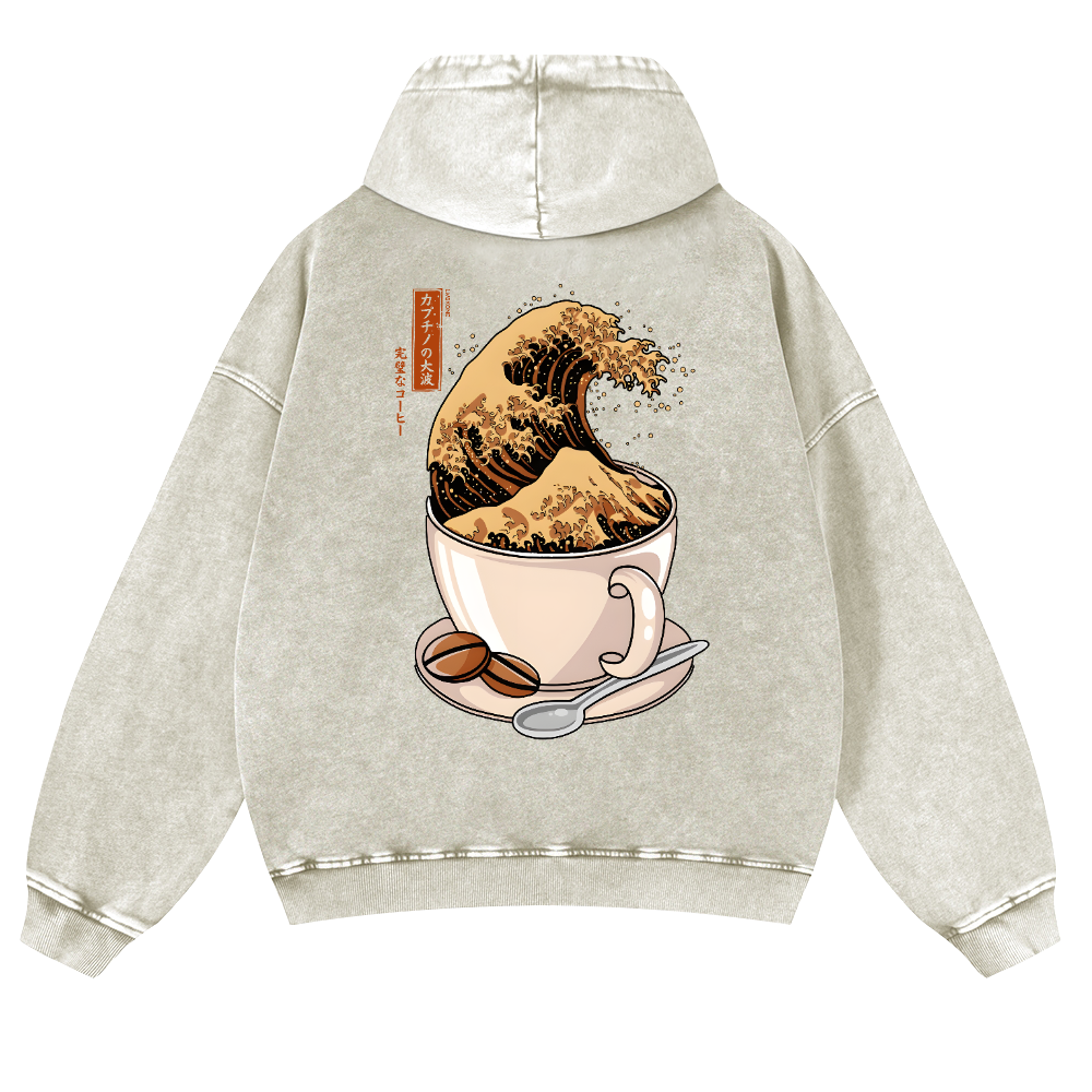 Katsushika Hokusai Coffee Wave Vintage Washed Cotton Back Art Hoodie