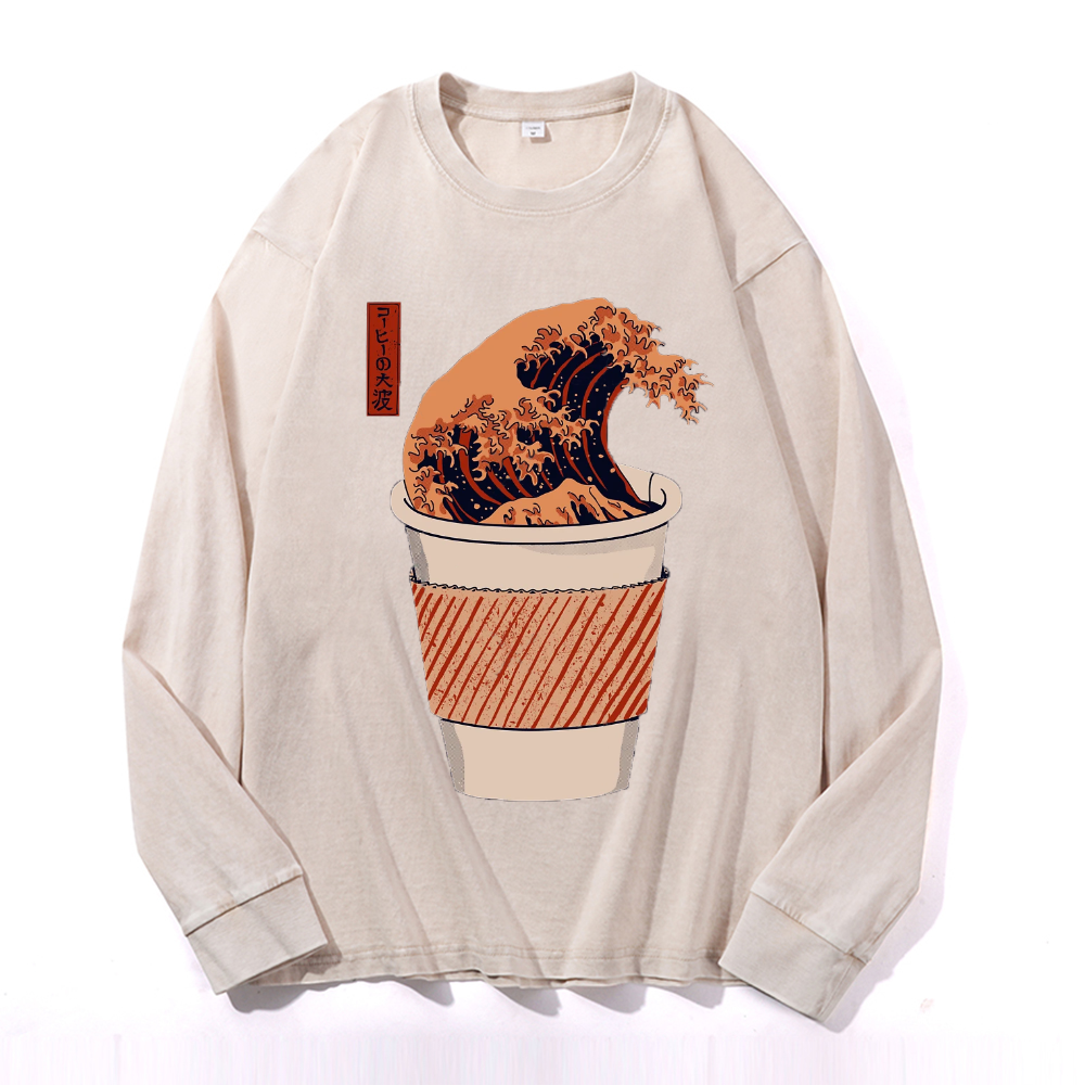 Coffee Katsushika Hokusai Vintage Cotton Wash Crewneck Sweatshirt