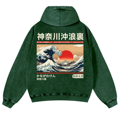 Kanagawa Katsushika Hokusai Ukiyoe Great Wave Vintage Washed Cotton Back Art Hoodie
