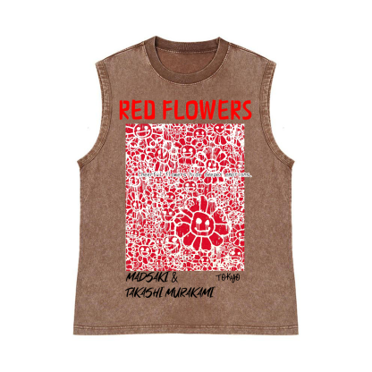 Madsaki Red Flowers TM Pure Cotton Wash-Dyed Sleeveless Tank Top