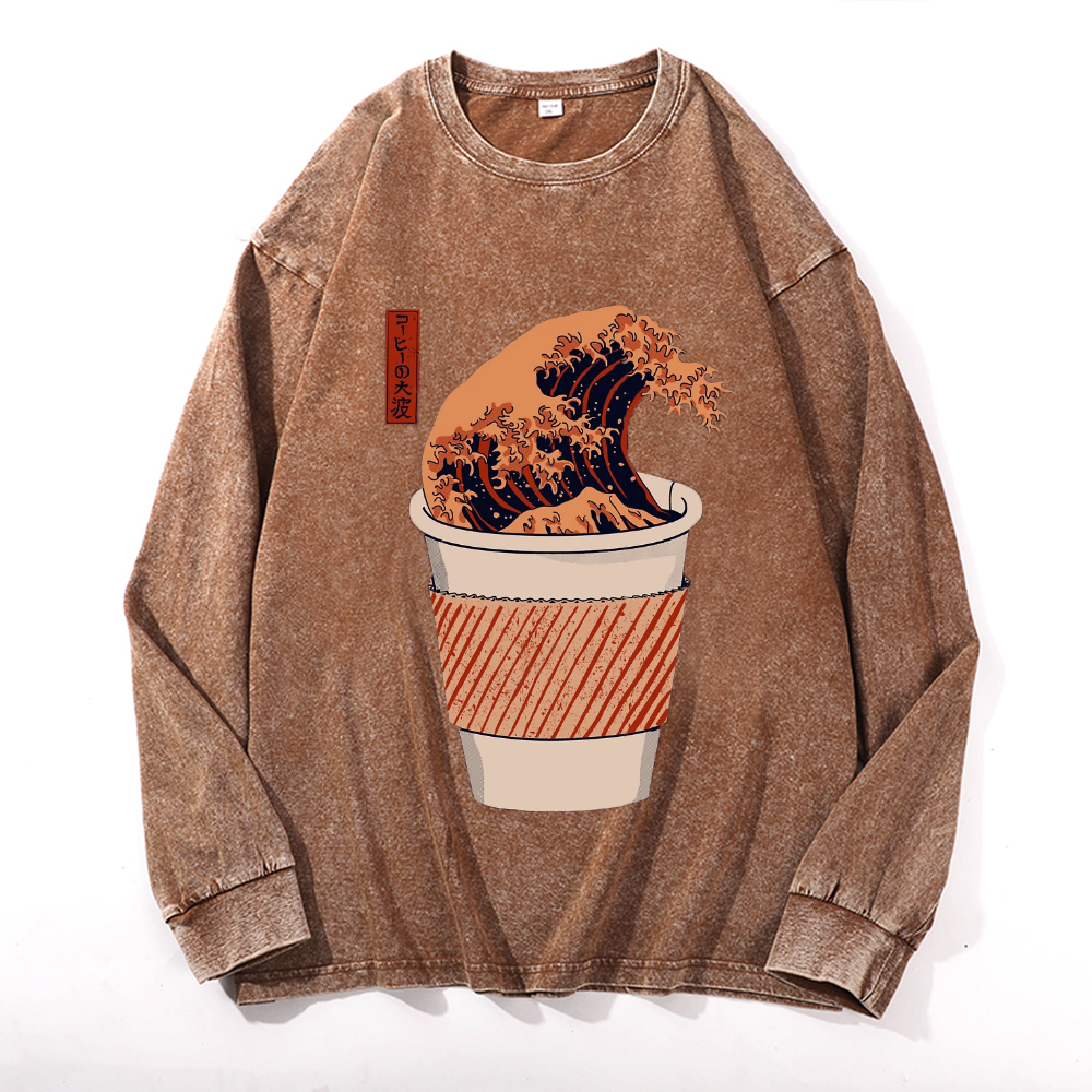 Coffee Katsushika Hokusai Vintage Cotton Wash Crewneck Sweatshirt