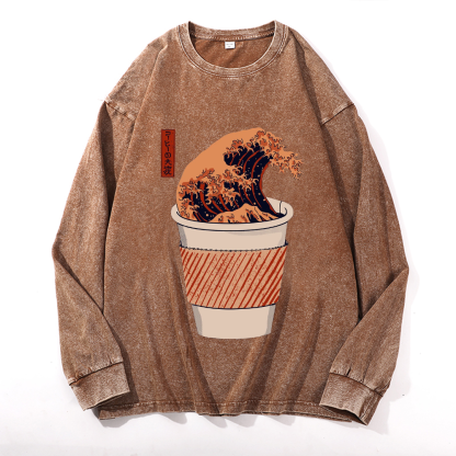 Coffee Katsushika Hokusai Vintage Cotton Wash Crewneck Sweatshirt