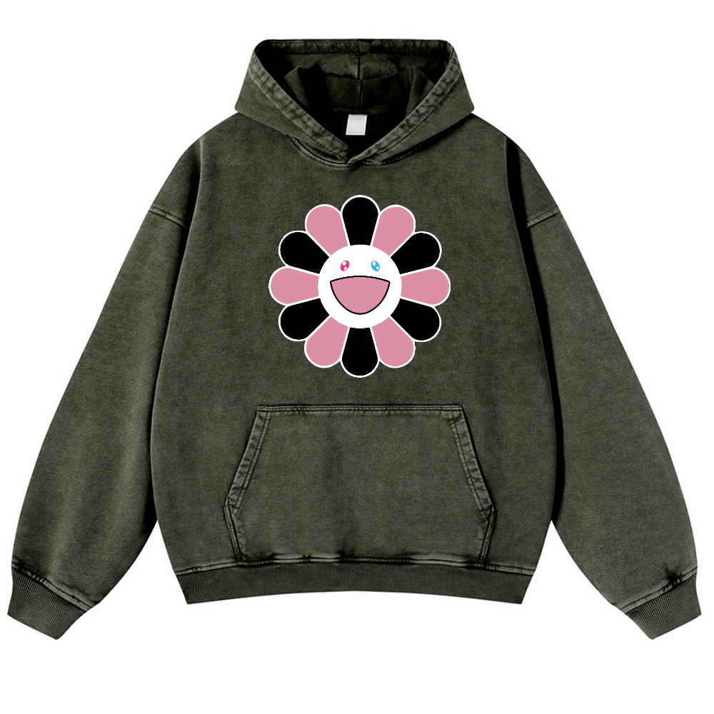 Black Pink Sunflowers TM Vintage Washed Thick Cotton Hoodie