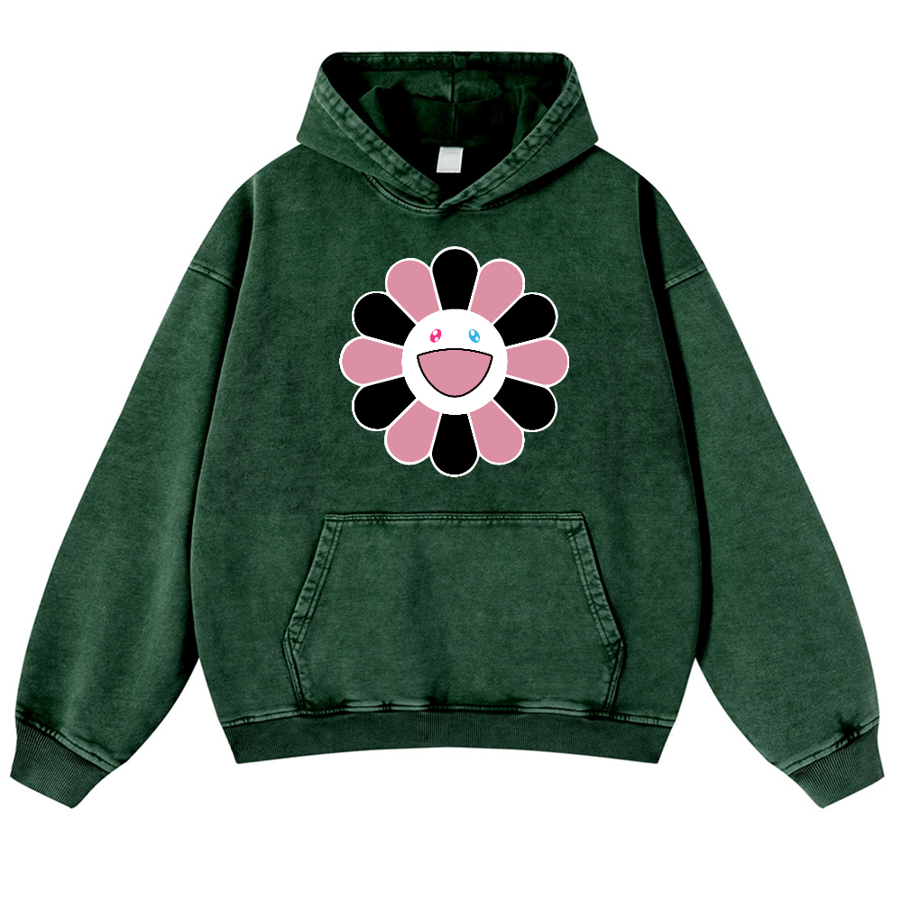 Black Pink Sunflowers TM Vintage Washed Thick Cotton Hoodie