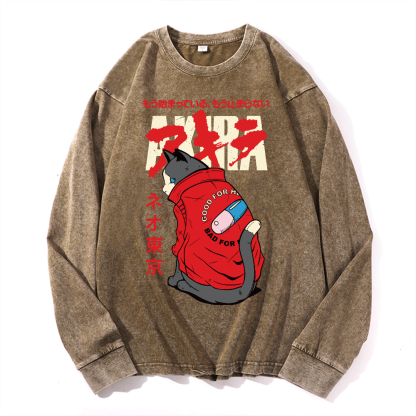 Akira Cat Vintage Cotton Wash Crewneck Sweatshirt