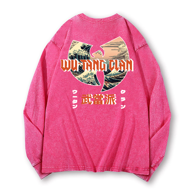 Wu Tang Clan Ukiyoe Wave Vintage Washed Cotton Back Art Long-sleeve T-shirt