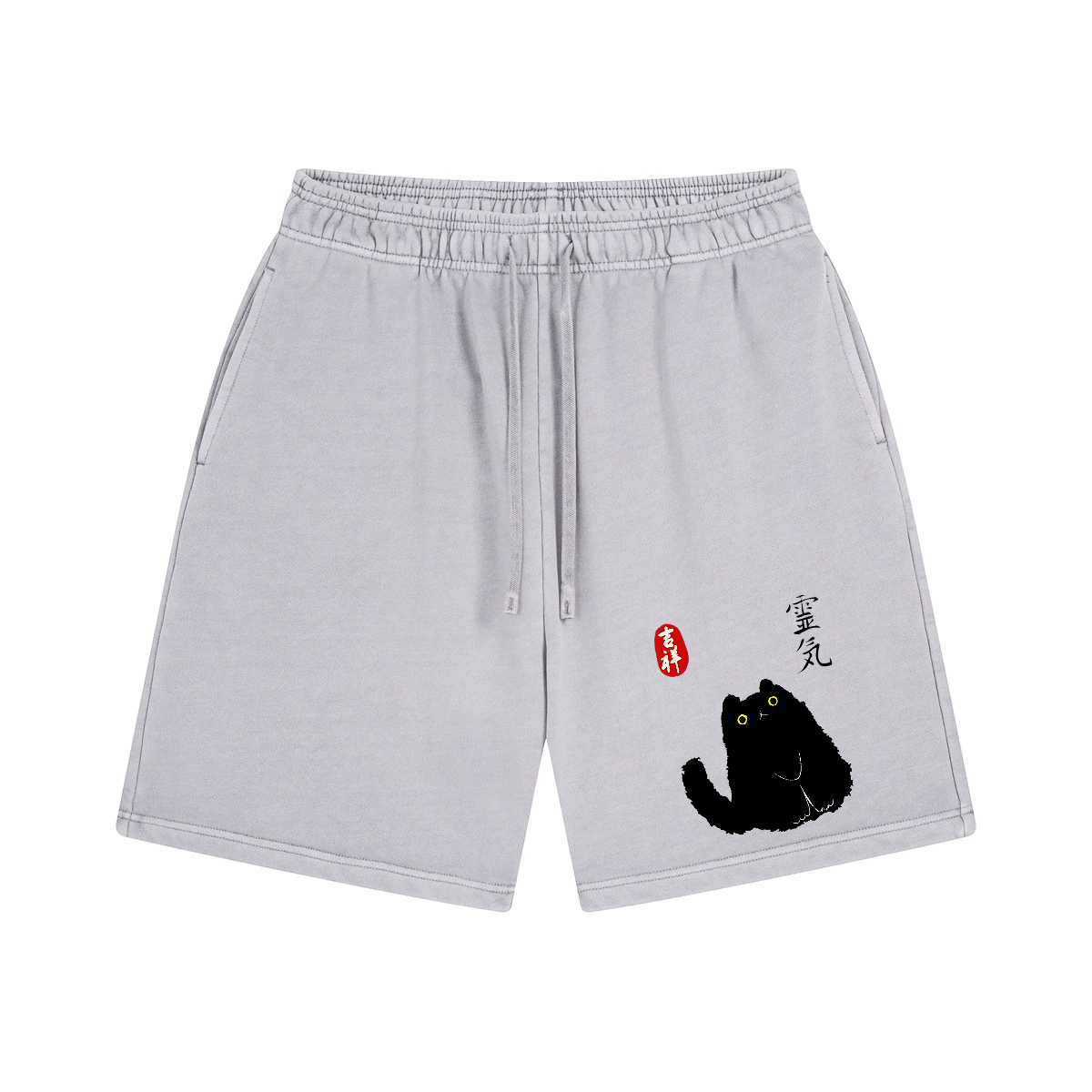 Lucky Cat Black Cat Art Vintage Washed Cotton Shorts