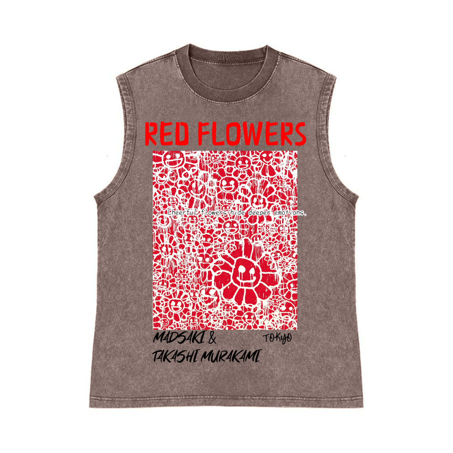 Madsaki Red Flowers TM Pure Cotton Wash-Dyed Sleeveless Tank Top