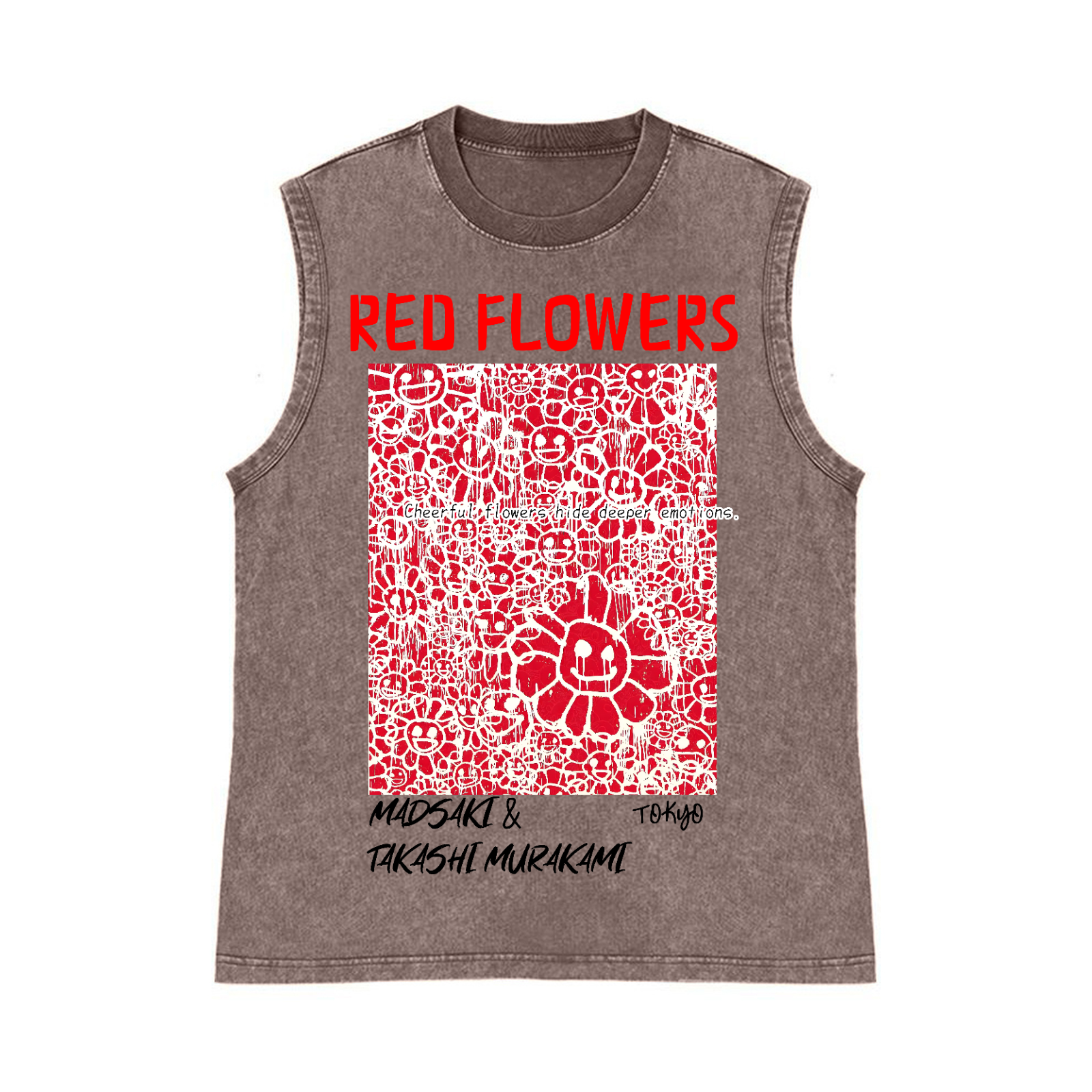 Madsaki Red Flowers TM Pure Cotton Wash-Dyed Sleeveless Tank Top