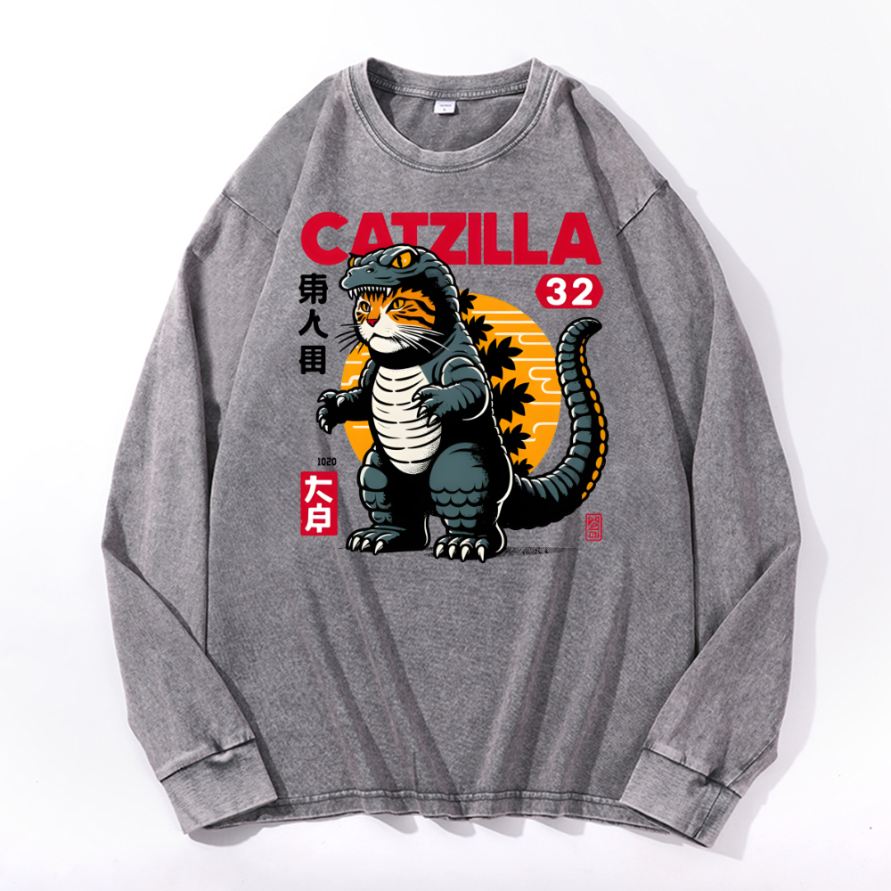 Catzilla Kaiju Vintage Cotton Wash Crewneck Sweatshirt